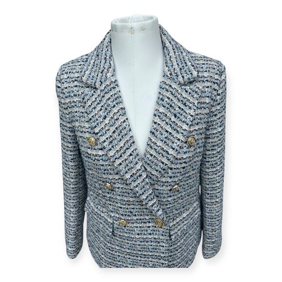 Rachel Zoe Women's Double Breasted Brass Button Tweed Blazer Blue White size M - Picture 4 of 9